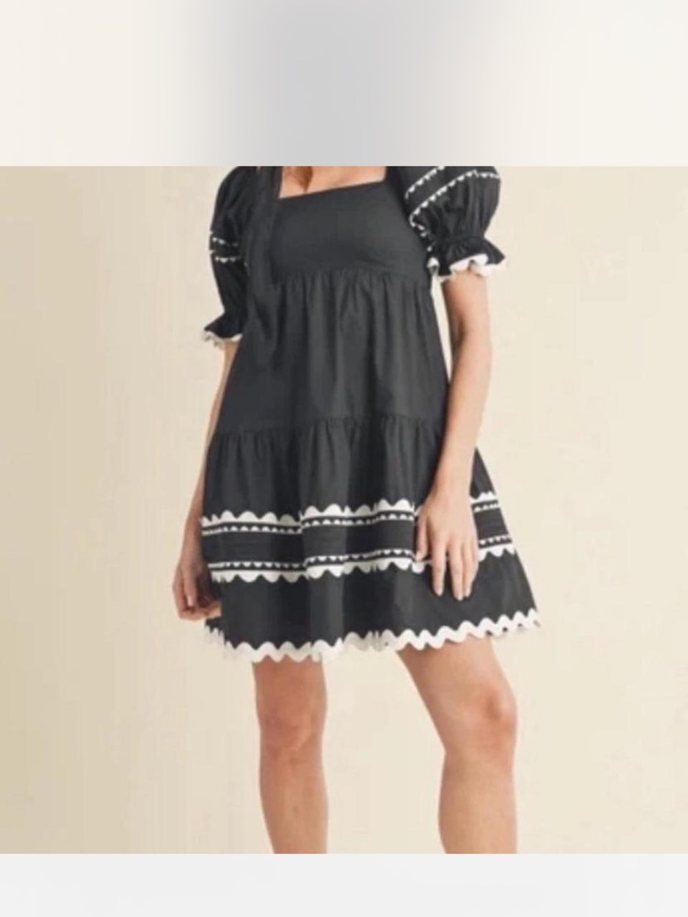 &merci Black Puff Sleeve Tiered Mini Dress with White Trim - Picture 2 of 8